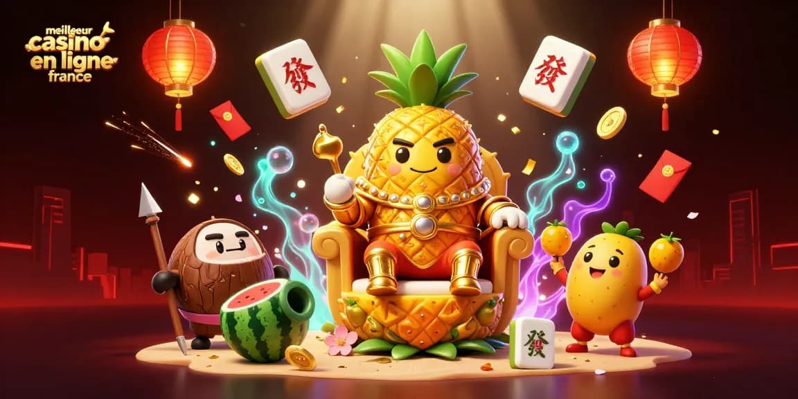 Découvrez le meilleur casino en ligne France avec une scène animée remplie de roi en ananas, gardes et jeux de casino.