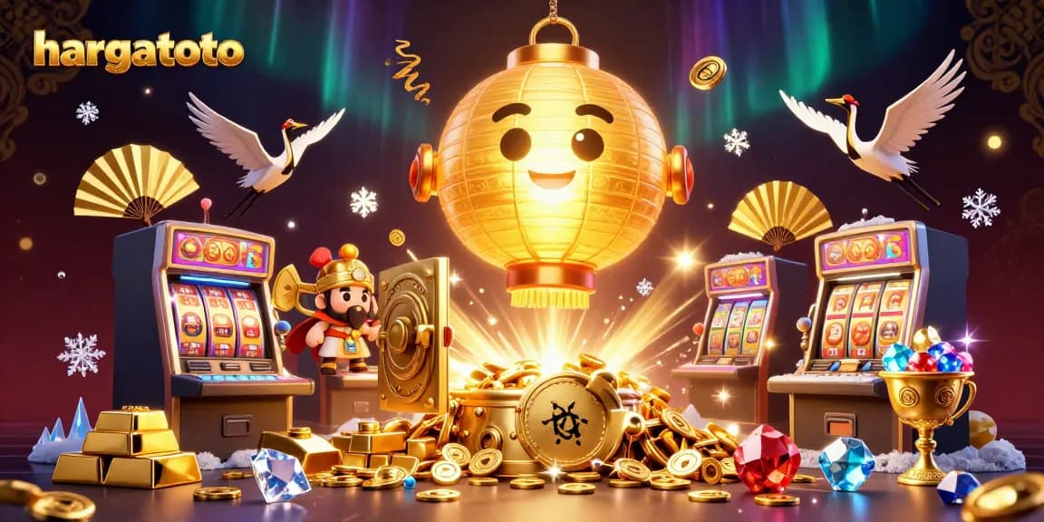 Spin the reels and win big at hargatoto with golden lanterns, slot machines, and vibrant casino elements.