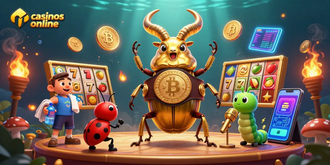 Jugar en los mejores casinos online con tragamonedas vibrantes y elementos de criptomonedas en una ilustración dinámica.