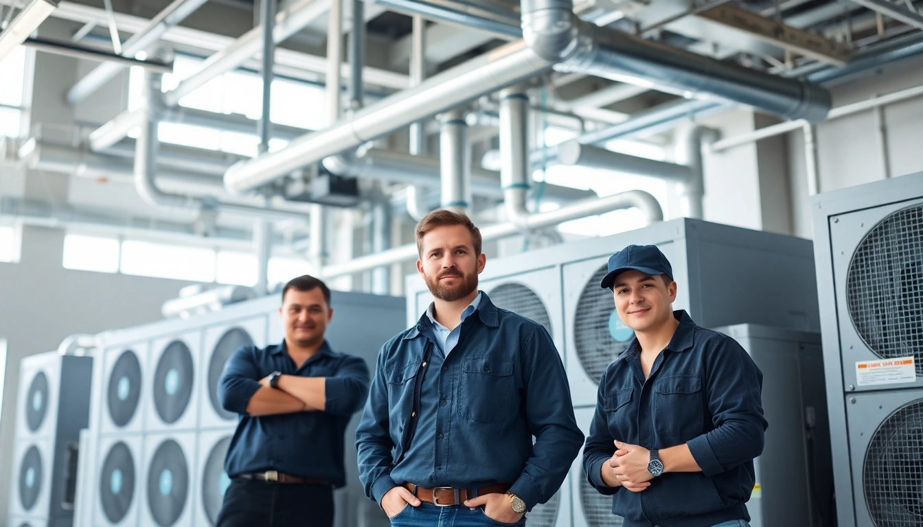 Technicians installing a trane canada HVAC system in a modern commercial setting.