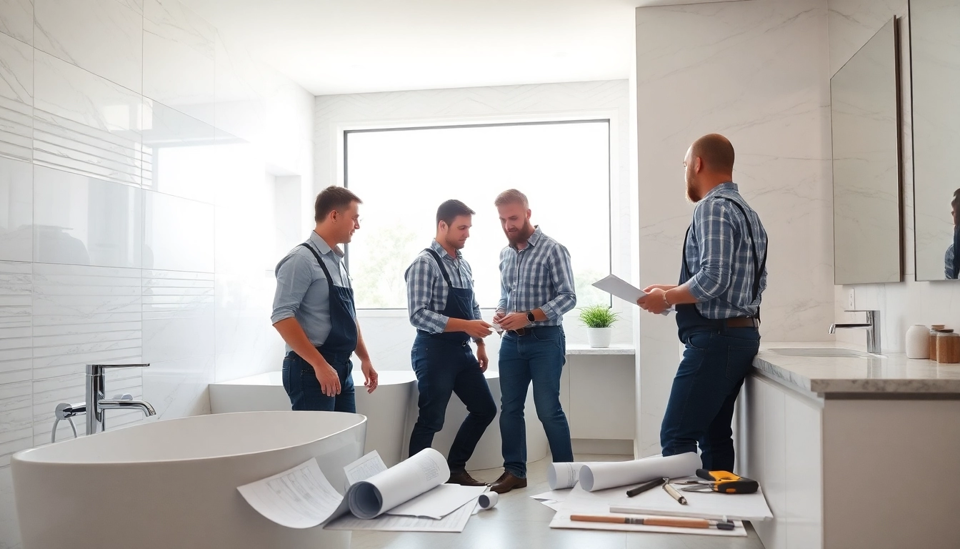 Skilled bathroom remodeling contractors discuss design plans within a modern bathroom space.