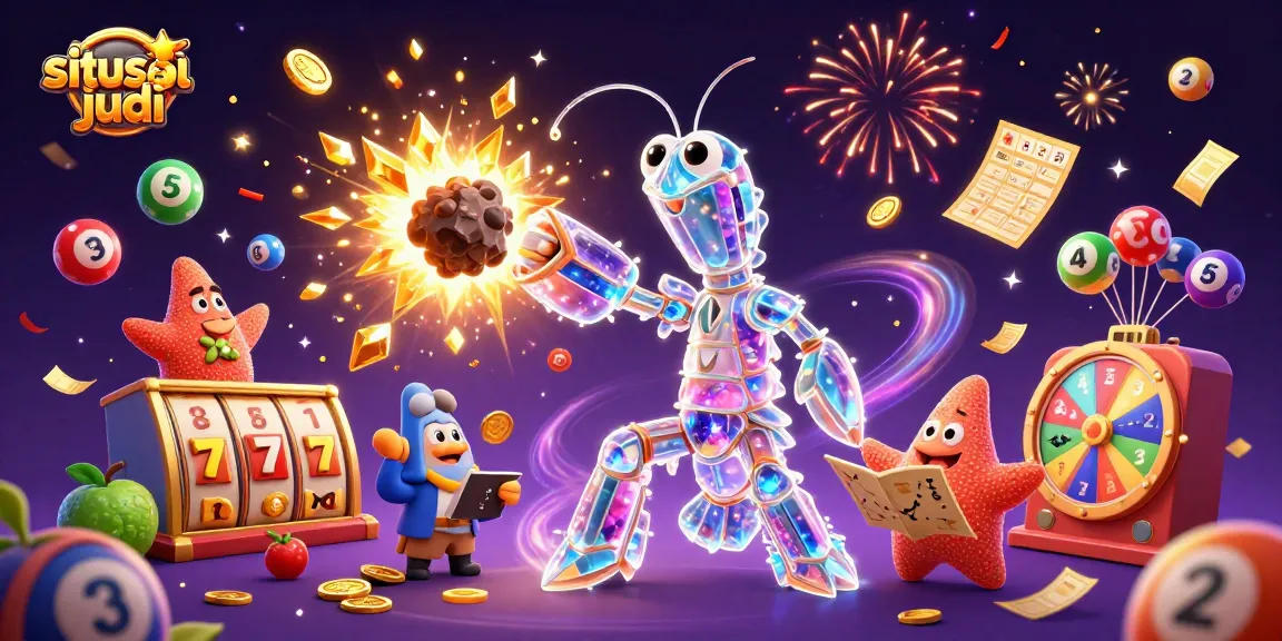Experience excitement at situs judi with a vibrant scene featuring slot reels, lucky 7s, and golden gems.