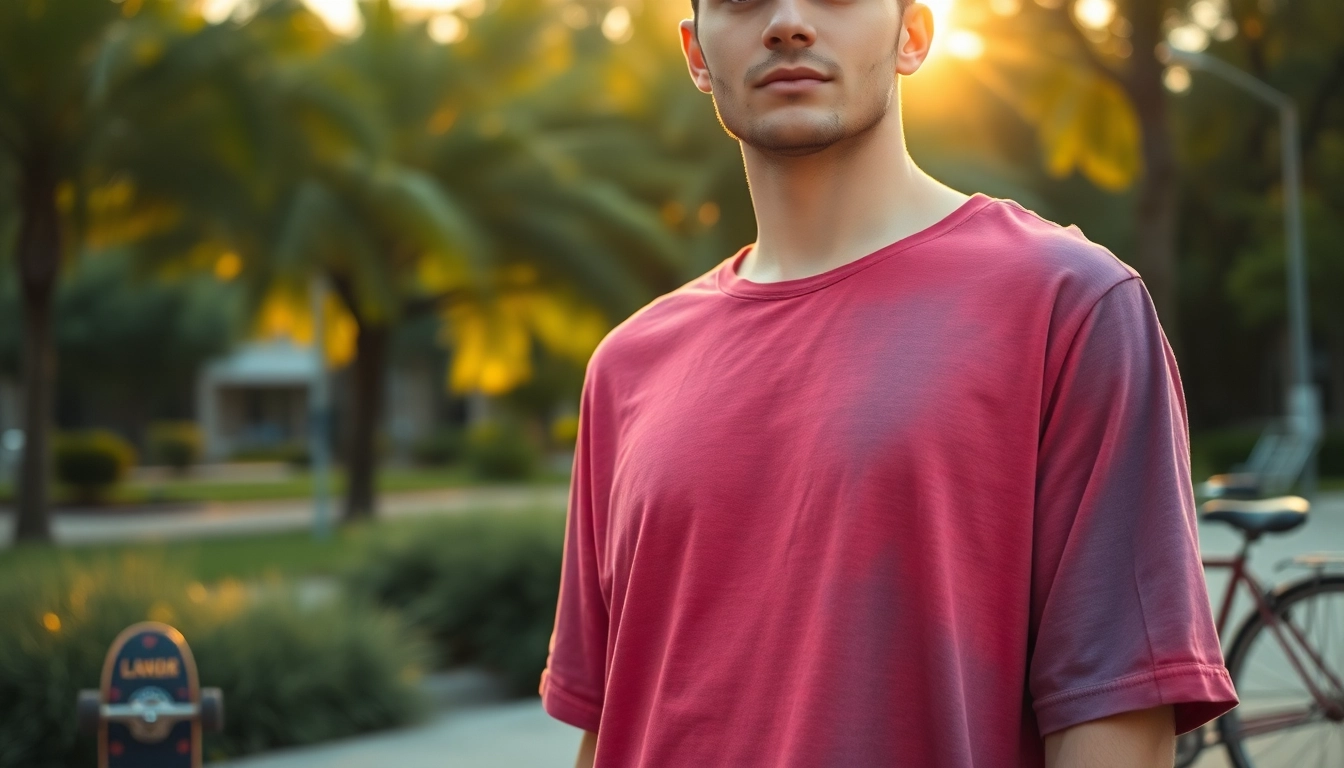 Model showcases a stylish drop shoulder t shirt against a vibrant park backdrop.