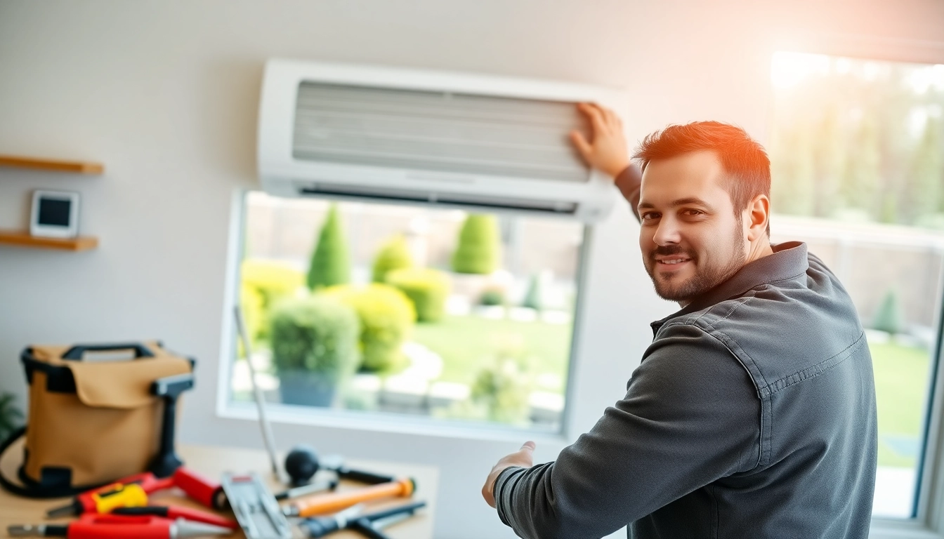 Technician performing AC installation services in a bright and modern home setting.