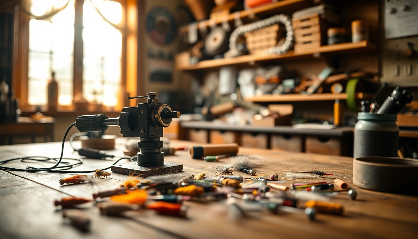 Engage in fly tying with a detailed workspace showcasing vibrant materials and tools.