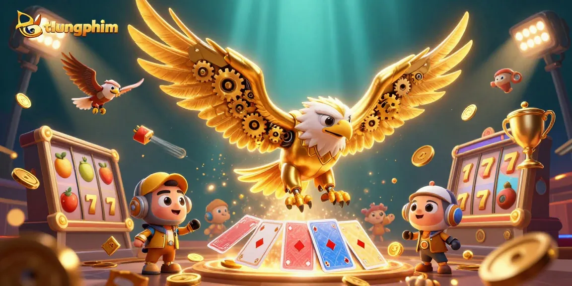 Engage with thungphim as a golden eagle dives through holographic cards in a dynamic casino scene.