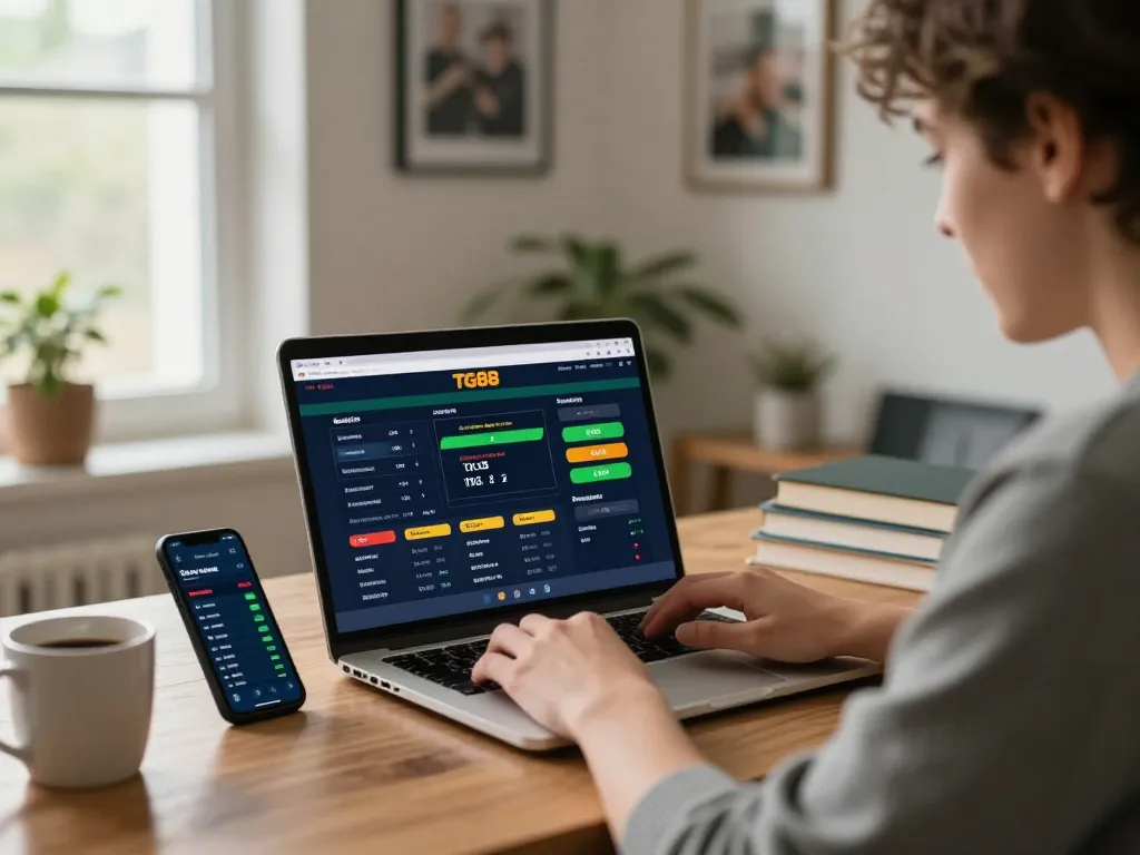 Engaging in sports betting on TG88 platform, person placing a bet with real-time odds displayed on a laptop.