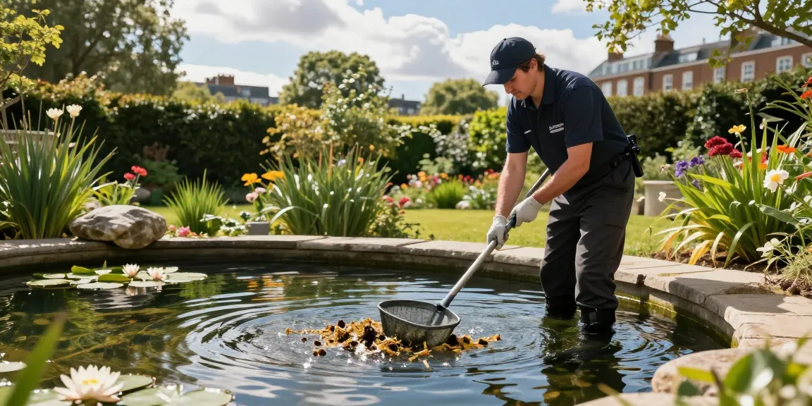 Pond cleaning London service technician removing debris from a beautiful garden pond