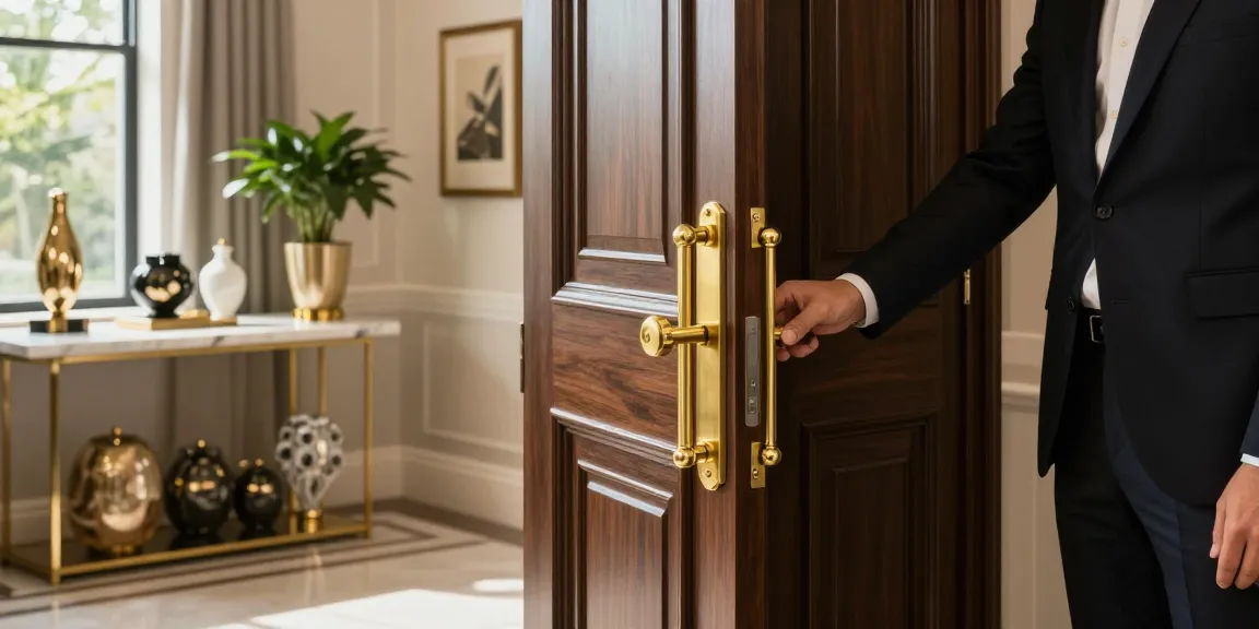 Stylish home entrance featuring elegant handles, inviting atmosphere, and luxurious decor.