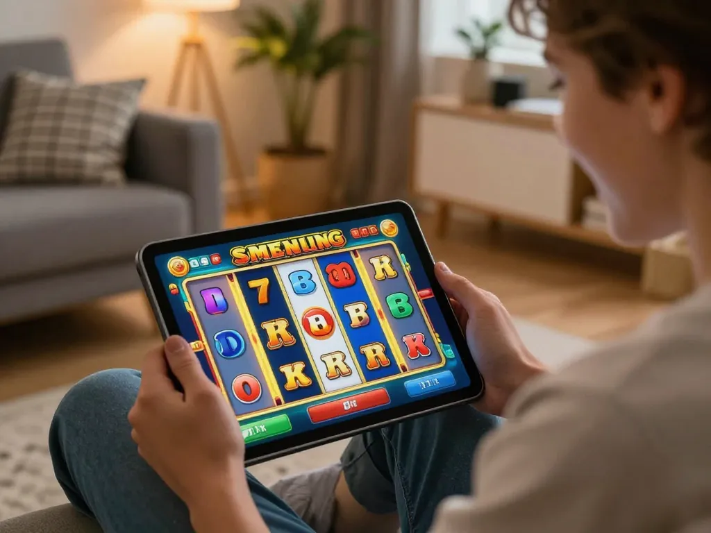 Engaging in an online slot online game, celebrating wins from a cozy home setting
