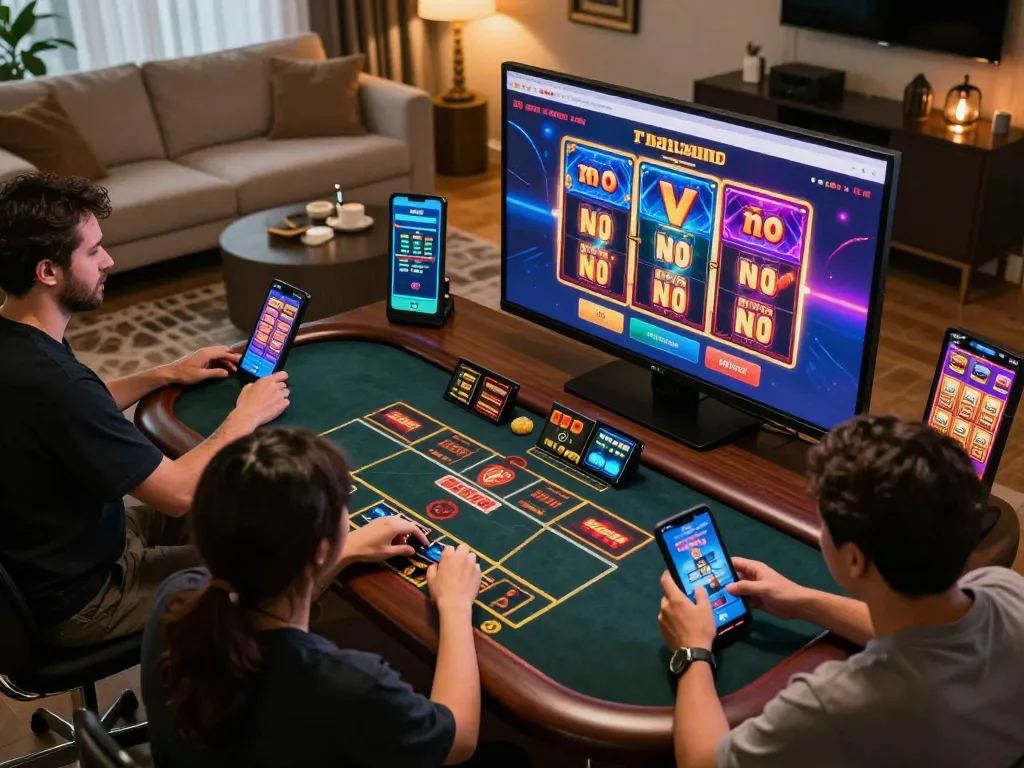 Engaging moment of players enjoying games on a slot server thailand no 1 at home, showcasing vibrant casino environment.