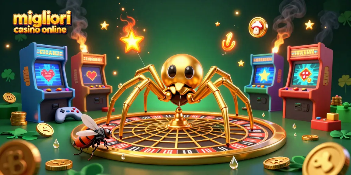 Giocando nei migliori casino online con una creativa illustrazione 3D, un ragno d'oro e un centopiedi croupier.