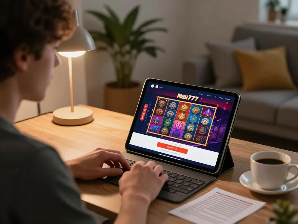 Engaging in mau777 login at home, with tablet showing colorful slot games and betting notes nearby
