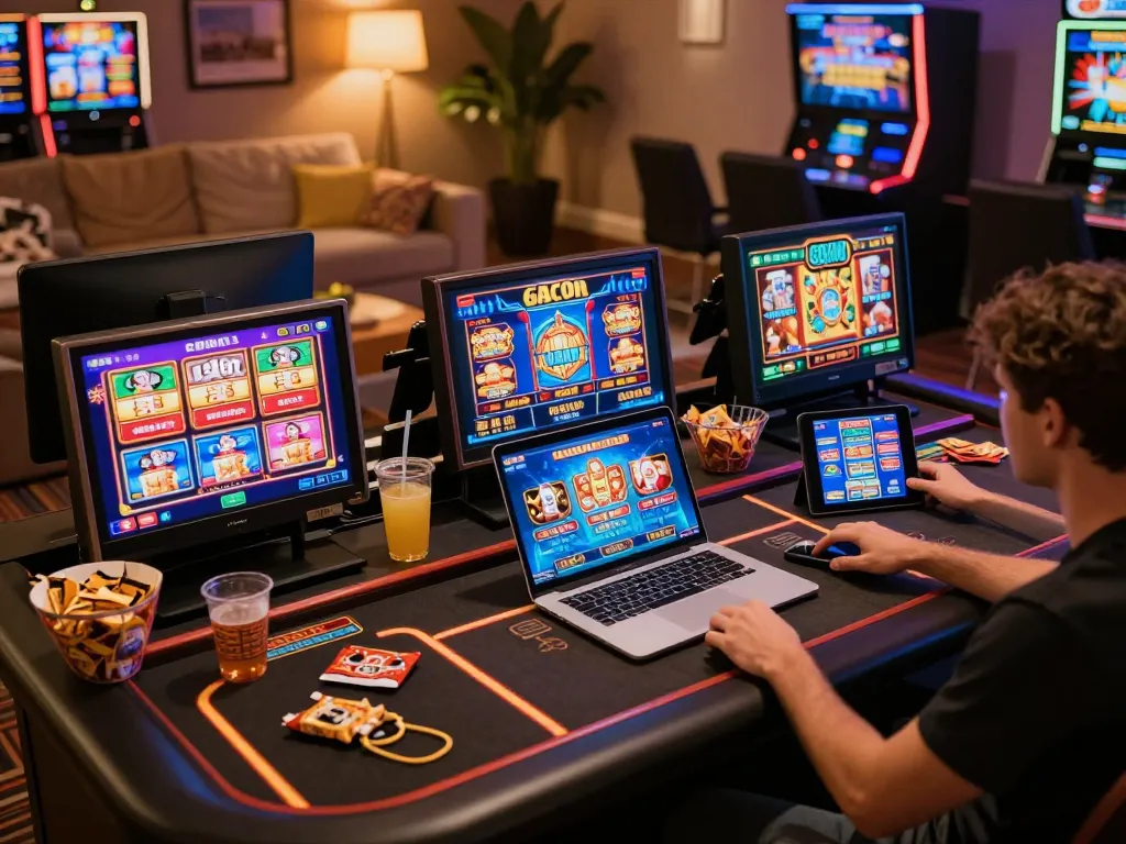 Engaged player winning on slot gacor games using laptop and tablet in cozy home setting.