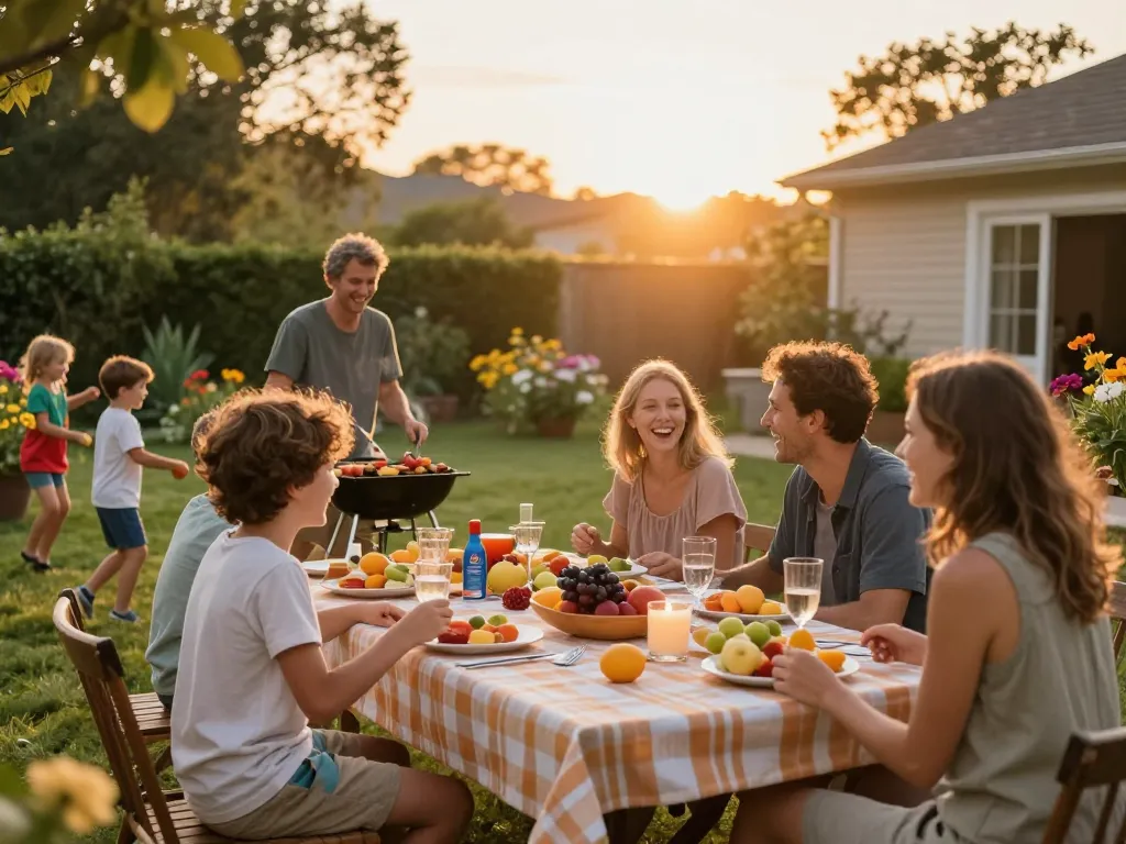 Family gathering with food and mosquito repellent in a sunny backyard.