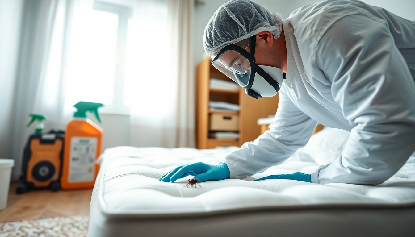 Bedbugs exterminator near me examining a mattress for pests, showcasing professional pest control service.