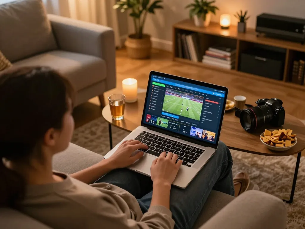 Siti scommesse stranieri sicuri in a cozy home setting with a person engaged in online sports betting on a laptop.