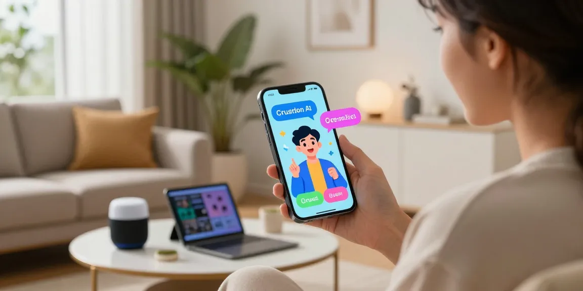 Dynamic scene of a user enjoying a CrushOn AI chat on smartphone in a vibrant living room.