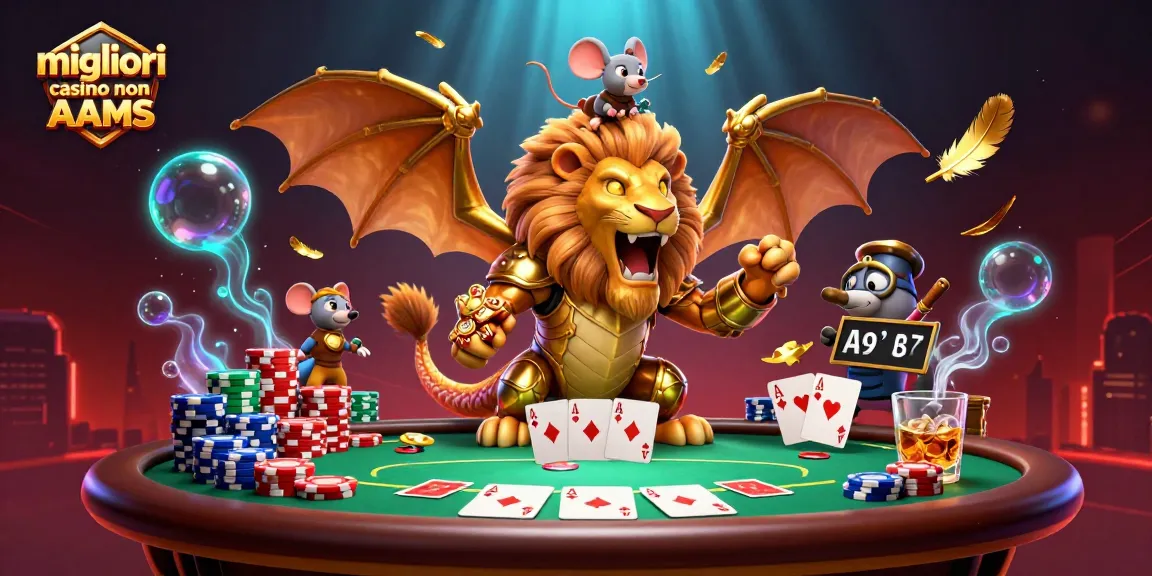 I migliori casino non AAMS presentano una vivace illustrazione 3D con un drago, un topo e un tavolo da poker.