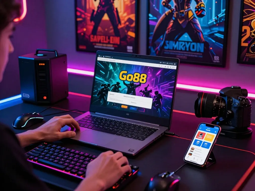 Download tải go88 gaming app on a sleek laptop with vibrant lighting and gaming decor.