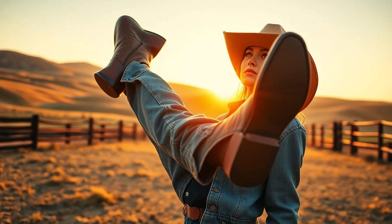 Explore fashionable western wear Canada styles in a scenic outdoor ranch setting.