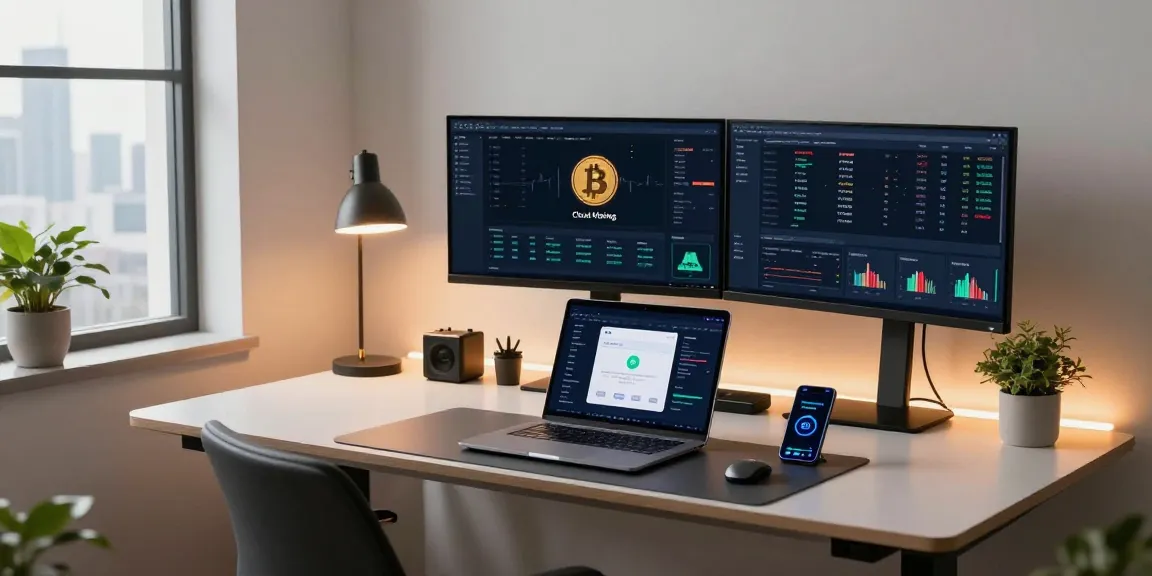 Start cloud mining today with advanced cryptocurrency platforms and cloud mining interfaces in a modern home office setting.