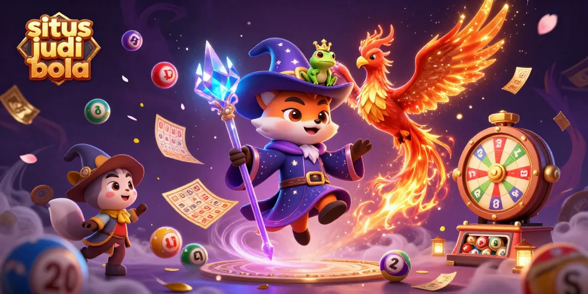Experience excitement and magic at situs judi bola with a wizard, phoenix, and enchanted frog in a vibrant scene.