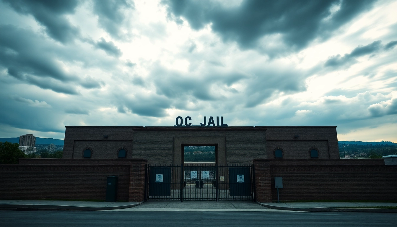 Capture the essence of OC Jail with its imposing architecture and secure gates under dramatic skies.