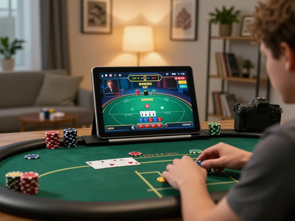 The player engages in the migliori casino online stranieri game on a tablet, showcasing an interactive poker interface in a cozy home setting.
