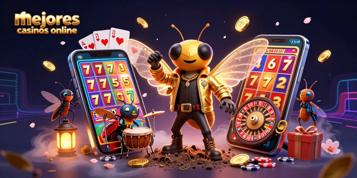 Los mejores casinos online: ilustración de una escena vibrante con un cicada rock star y elementos de casino.