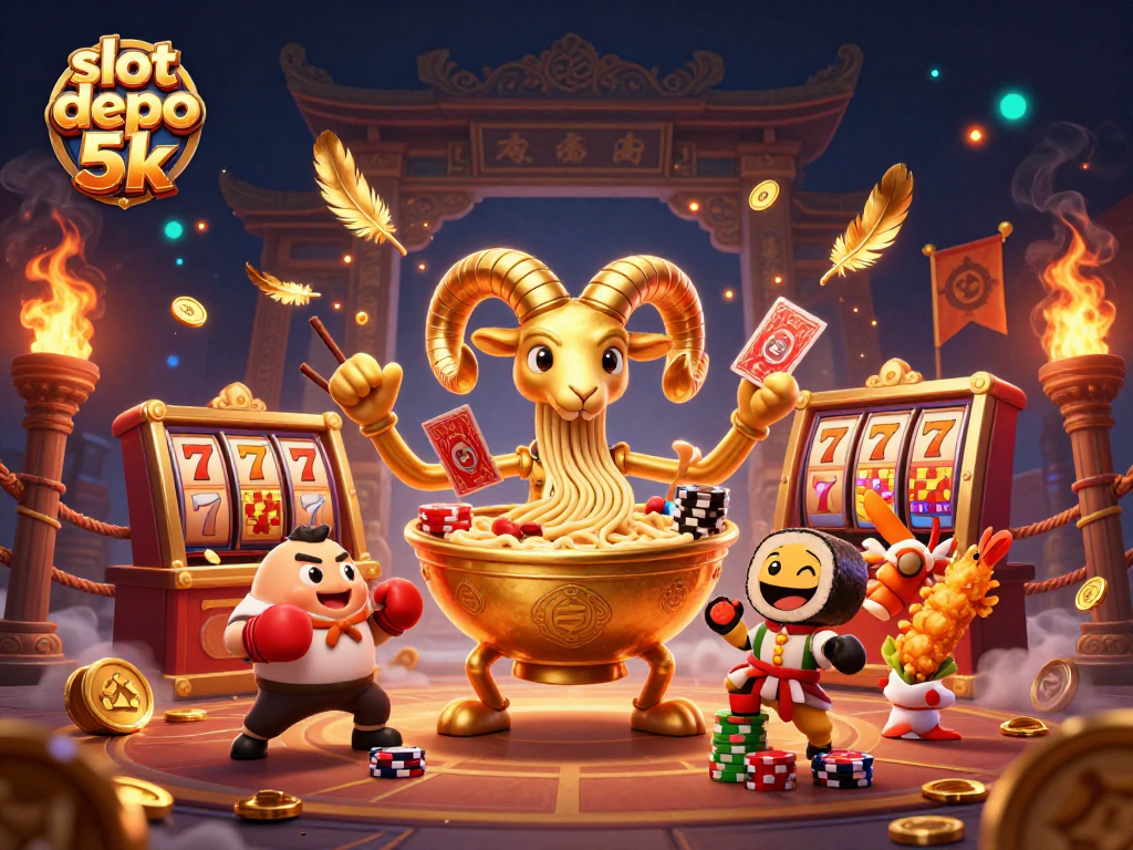 Engage with slot depo 5k in a vibrant 3D casino scene featuring a ramen bowl dealer.