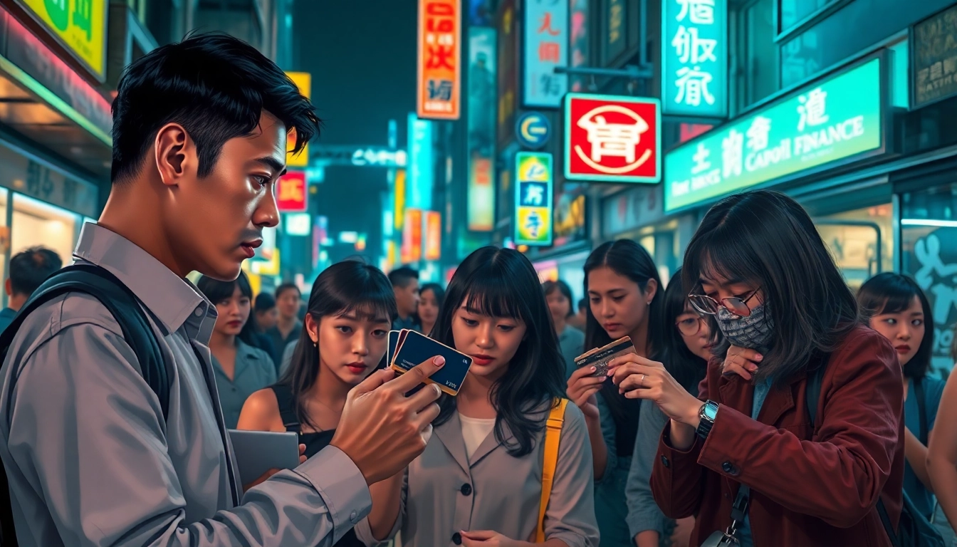 카드깡 거래 장면을 생동감 있게 표현한 일러스트입니다.