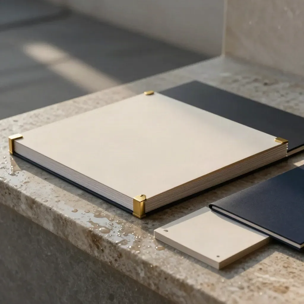 Blank pitch folios, brass corners and sample cards on damp stone in warm dawn light