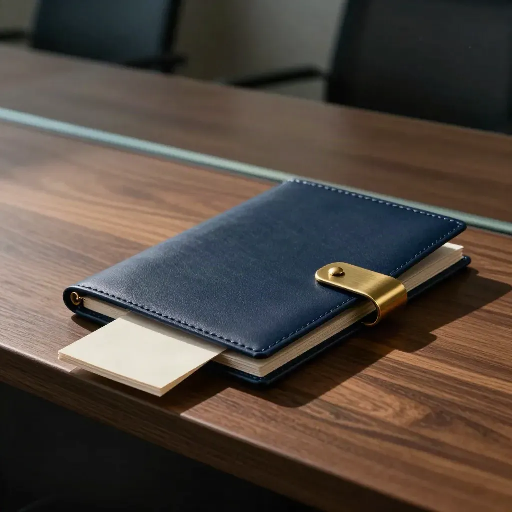 Closed investor folio, brass clip, and blank cards on walnut in dramatic low light.