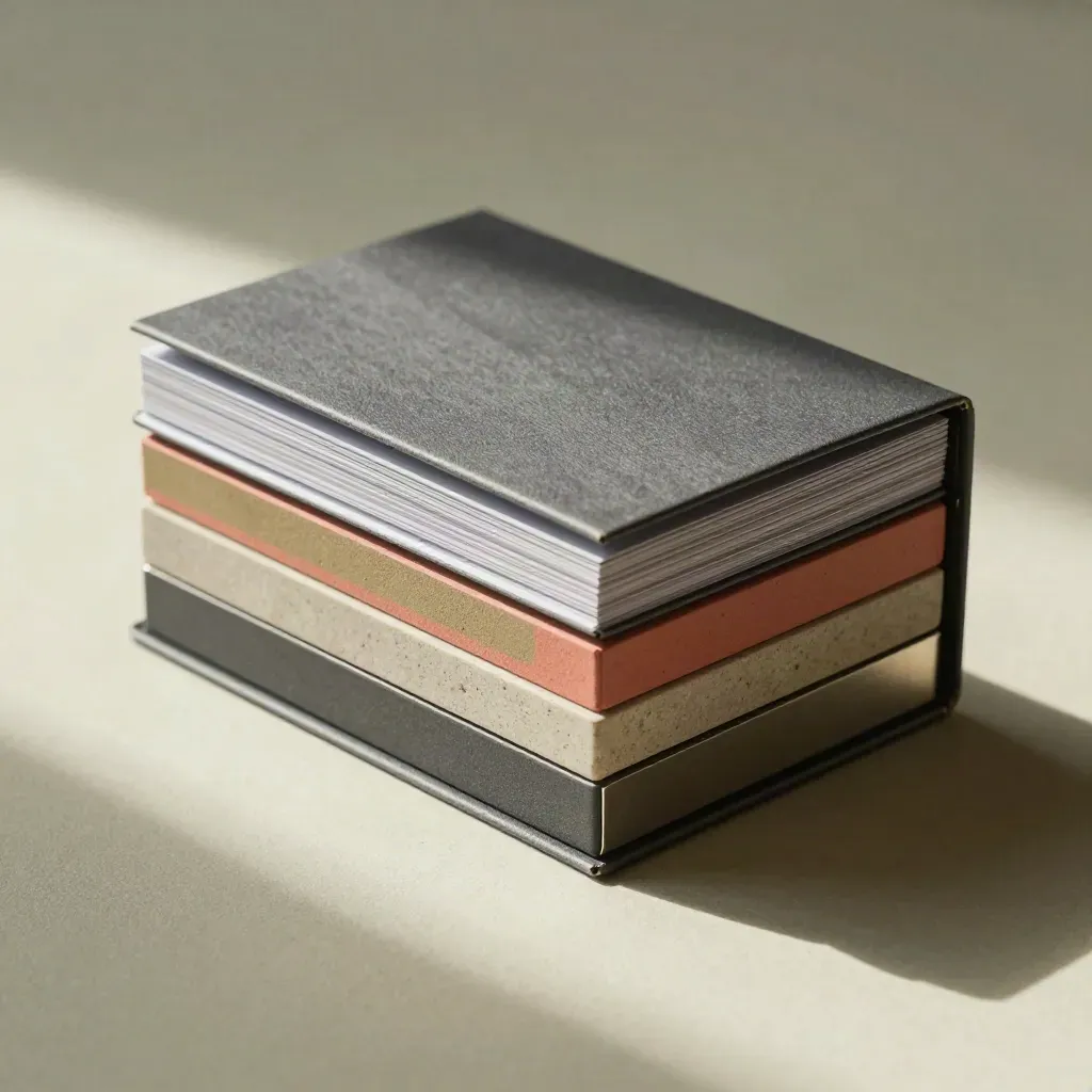 Macro still life of proposal case, tab blocks, and metal page weight on plaster.