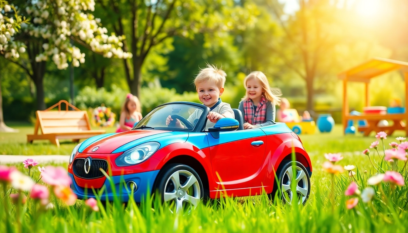 Child enjoying driving a ride on car in a colorful outdoor setting.