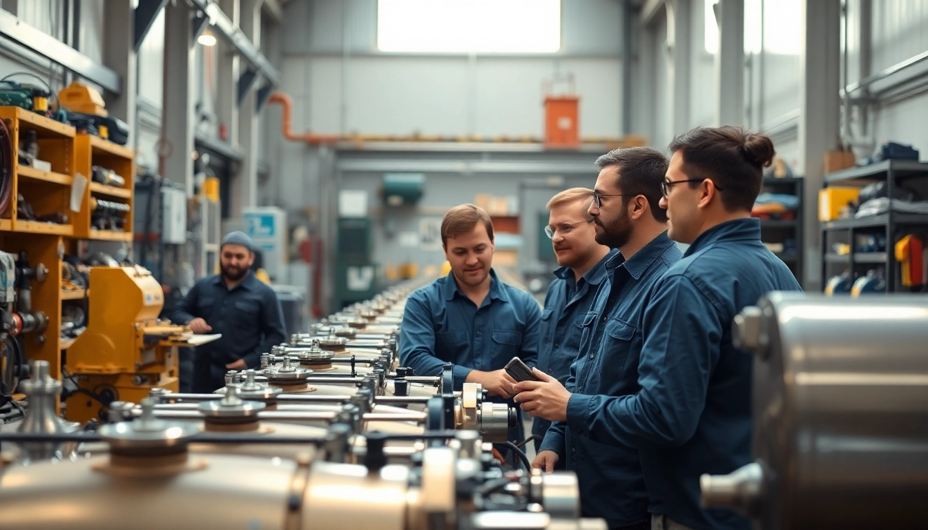 Engineers optimizing industrial hydraulics solutions in a well-lit workshop, showcasing advanced machinery.