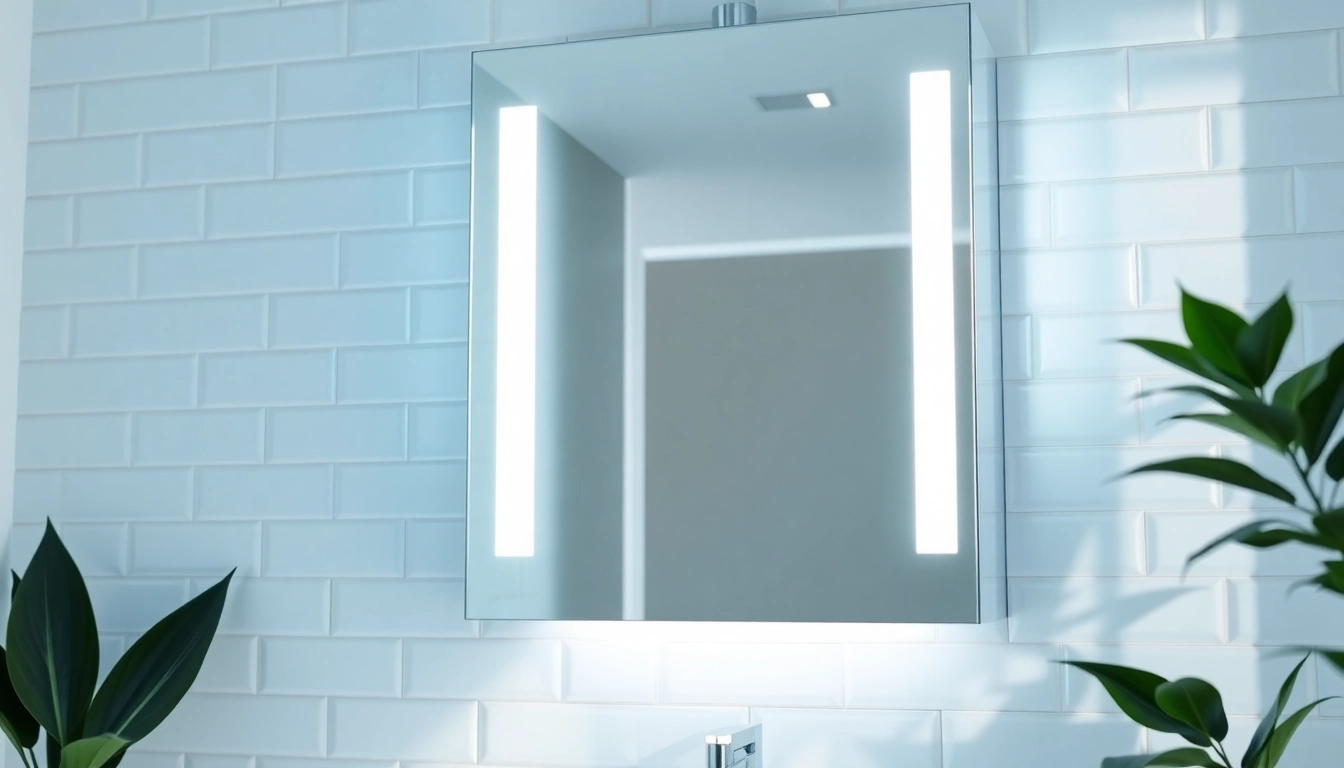 Showcase of a mirrored bathroom cabinet with light, reflecting elegance and modern design in a stylish bathroom.