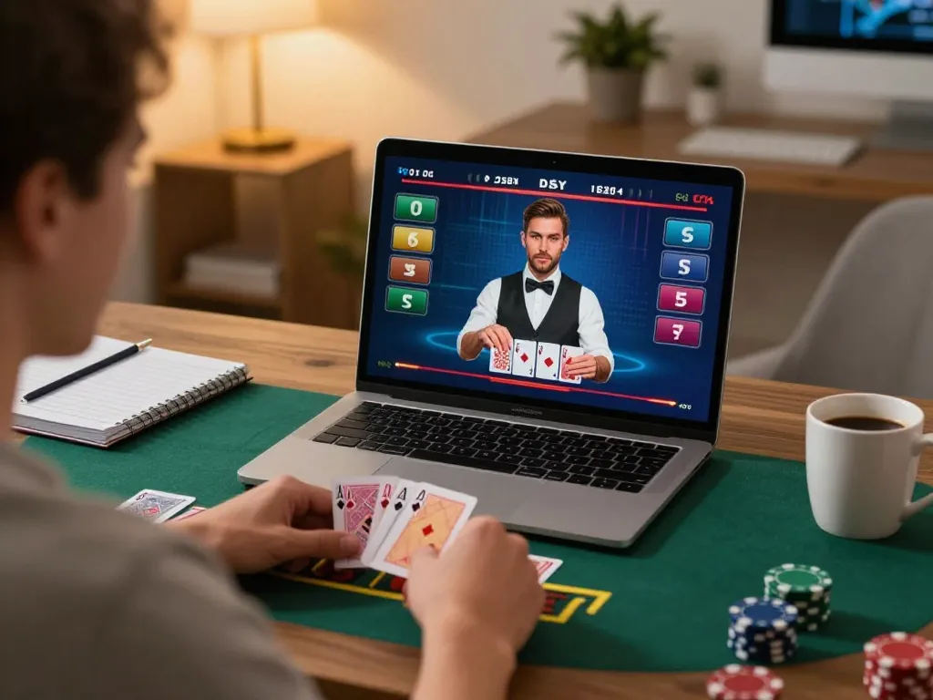 Player engaging with F168 live dealer blackjack game on laptop in warm home office.
