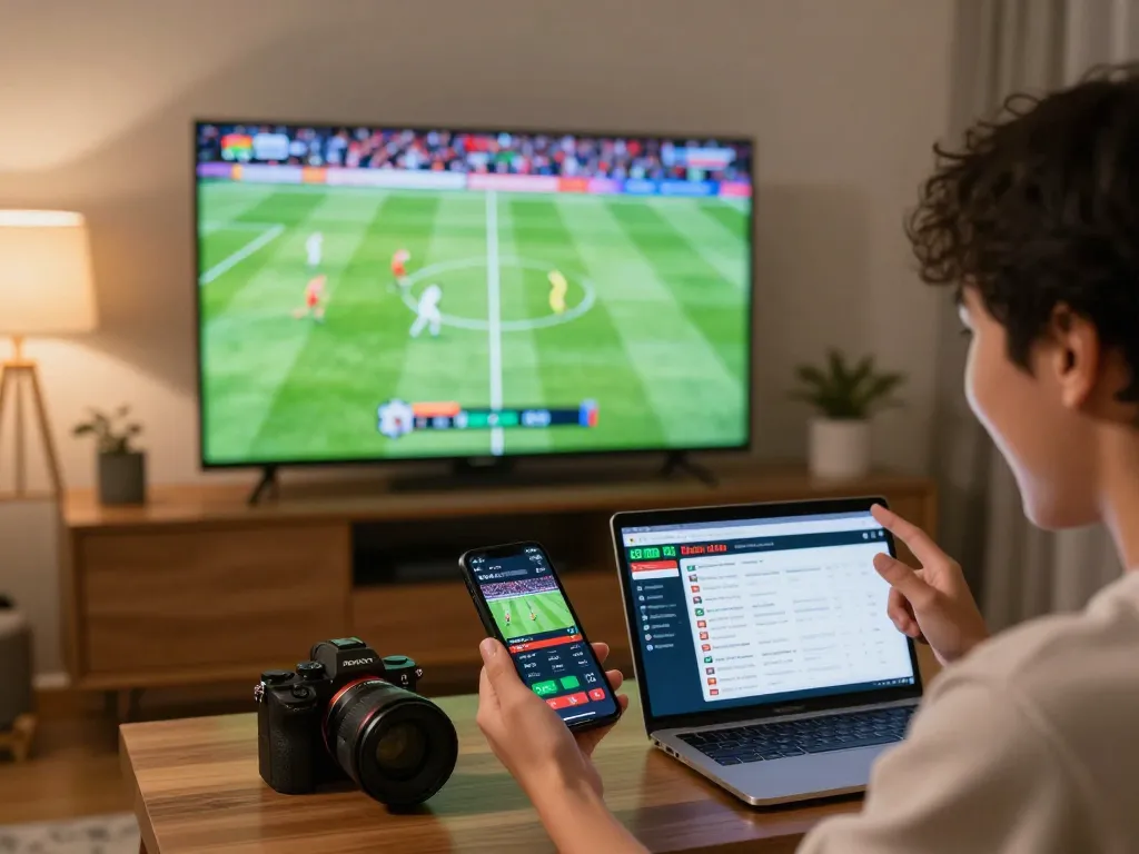 Engaged viewer actively betting on trực tiếp bóng đá hôm nay through a smartphone while enjoying a live match at home.