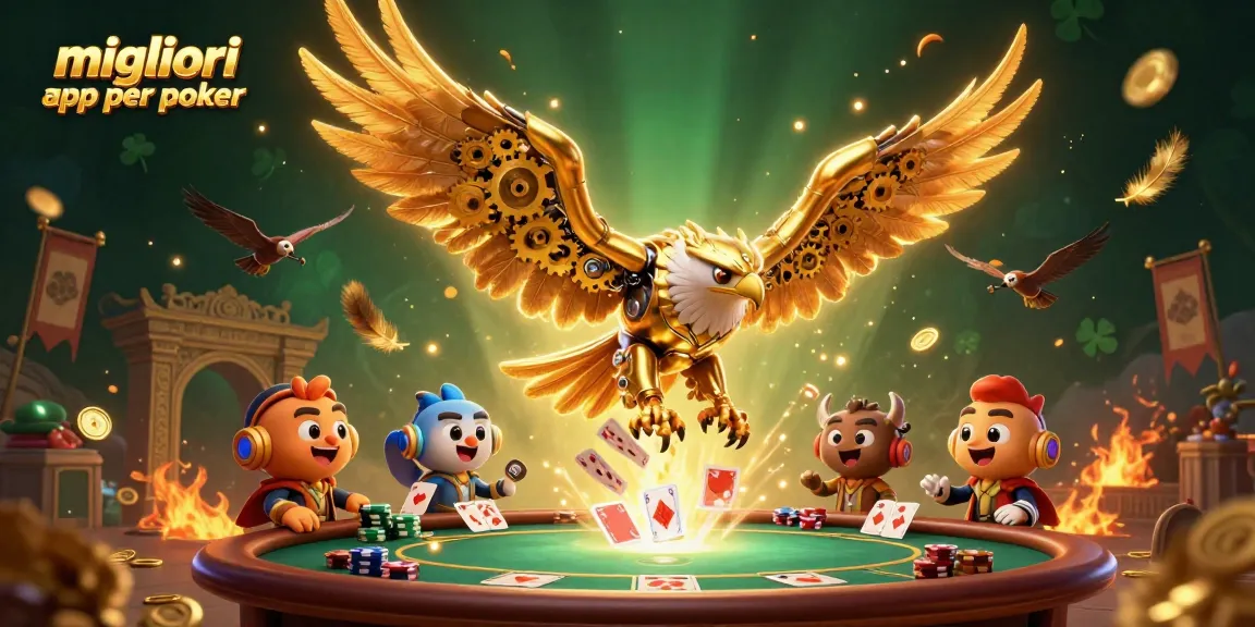Scopri le migliori app per poker con il nostro esclusivo design 3D, che mostra un'aquila robotica e elementi di poker.