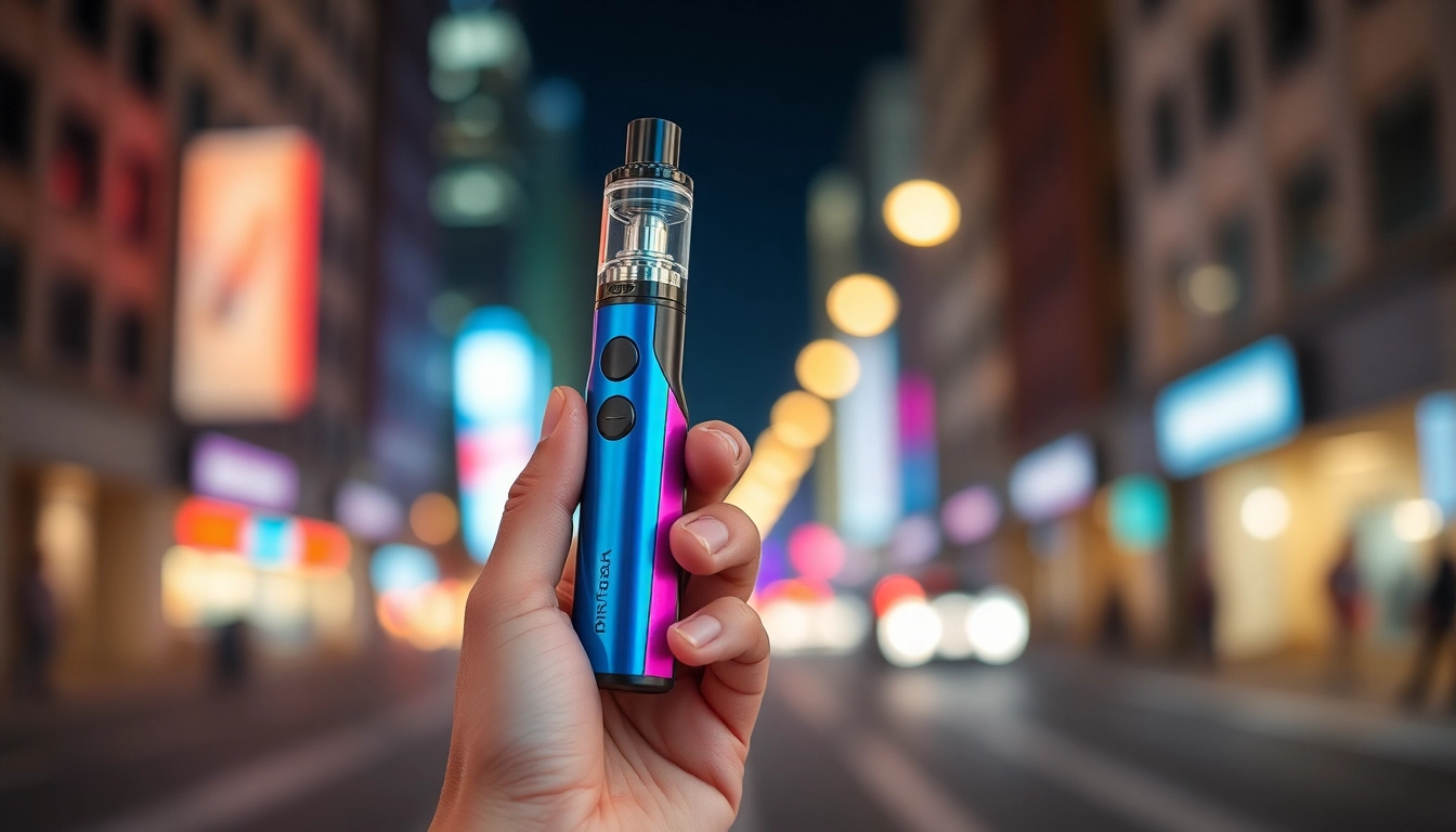 Engaging individual enjoying an air bar vape in a lively urban setting.