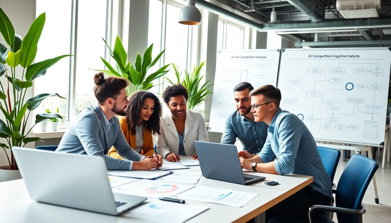Team brainstorming for AI for competitor analysis in a modern office.