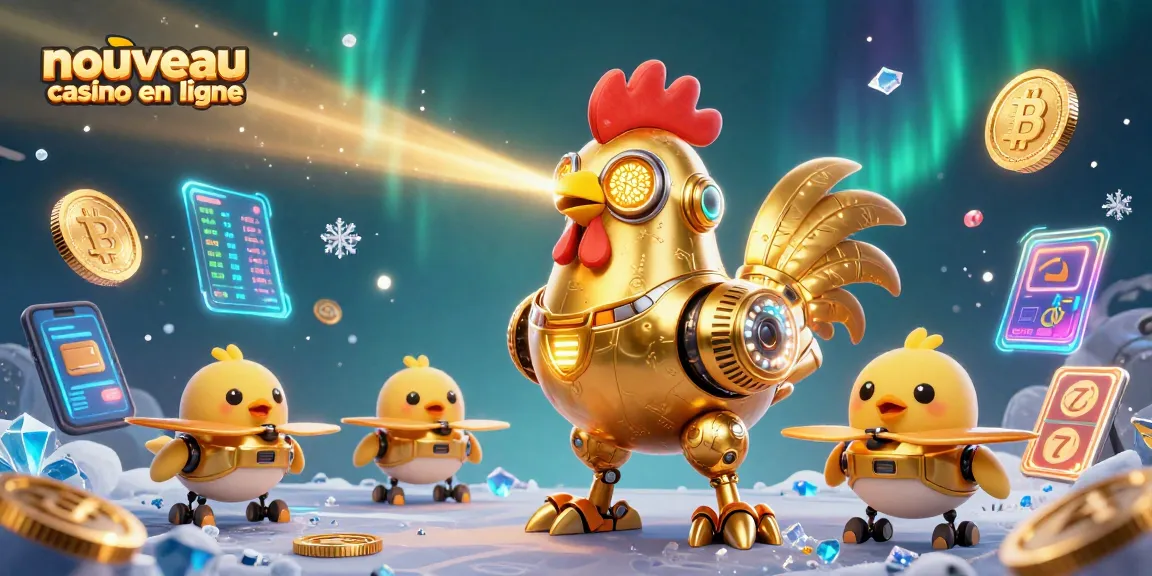 Profitez d'un jeu captivant de nouveau casino en ligne avec un robot coq futuriste et des éléments numériques.