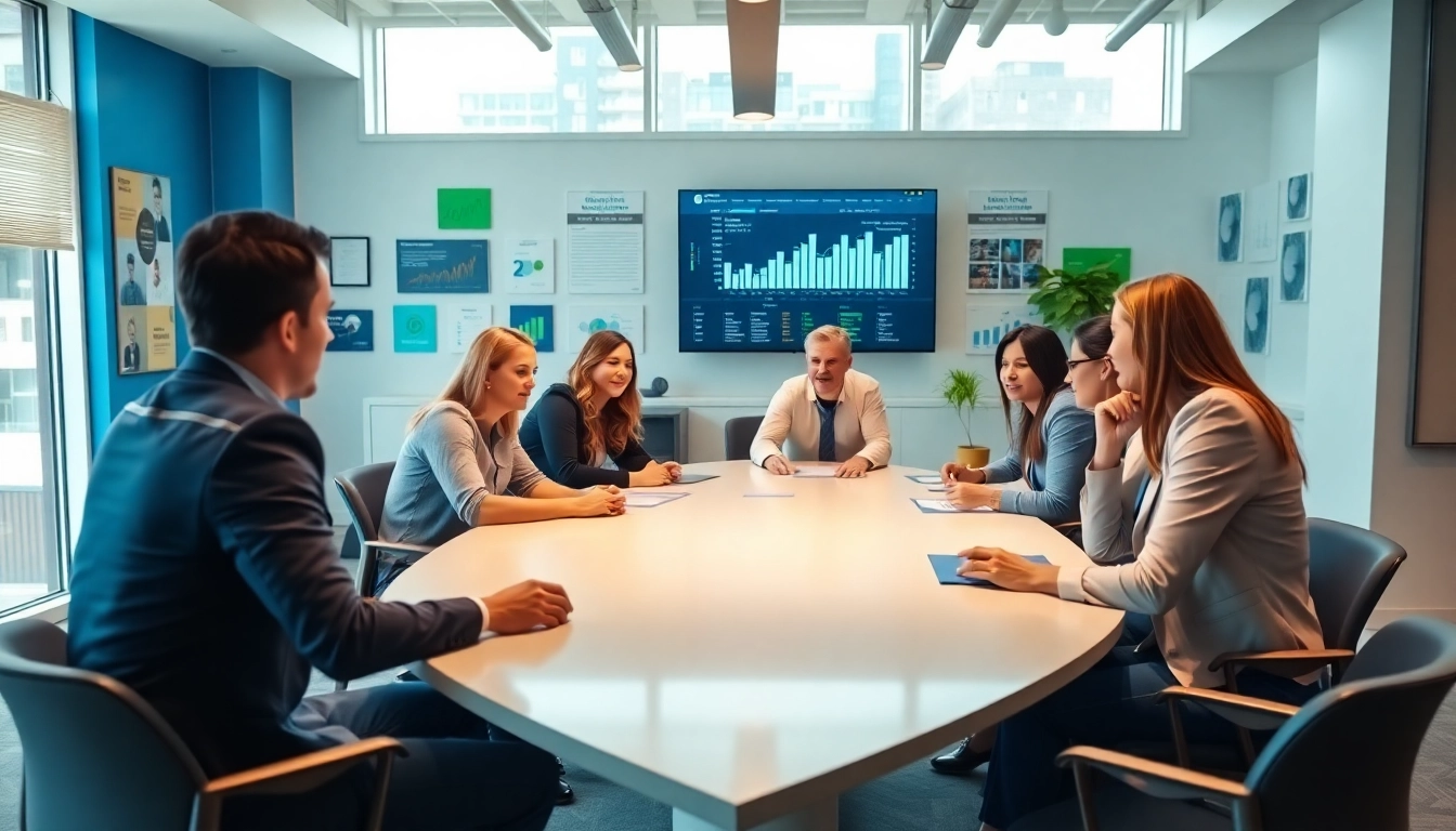 Team discussing online marketing edmonton strategies in a bright office setting