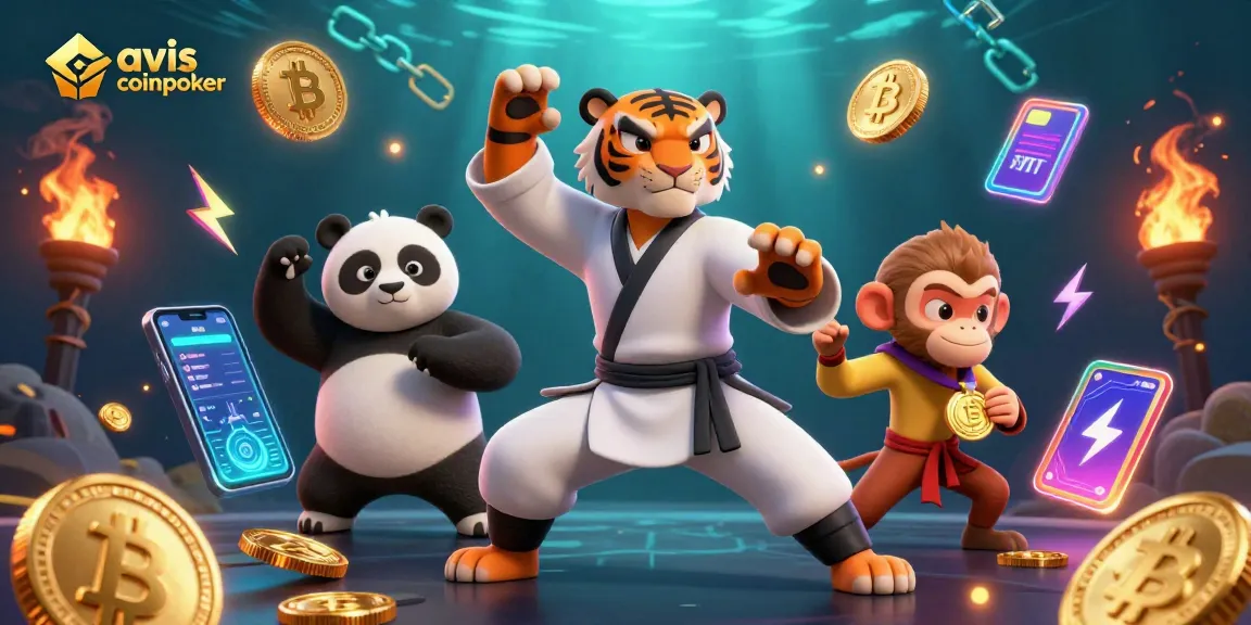 Avis CoinPoker sur une illustration dynamique de jeu avec un tigre kung fu, un panda et un singe espiègle.