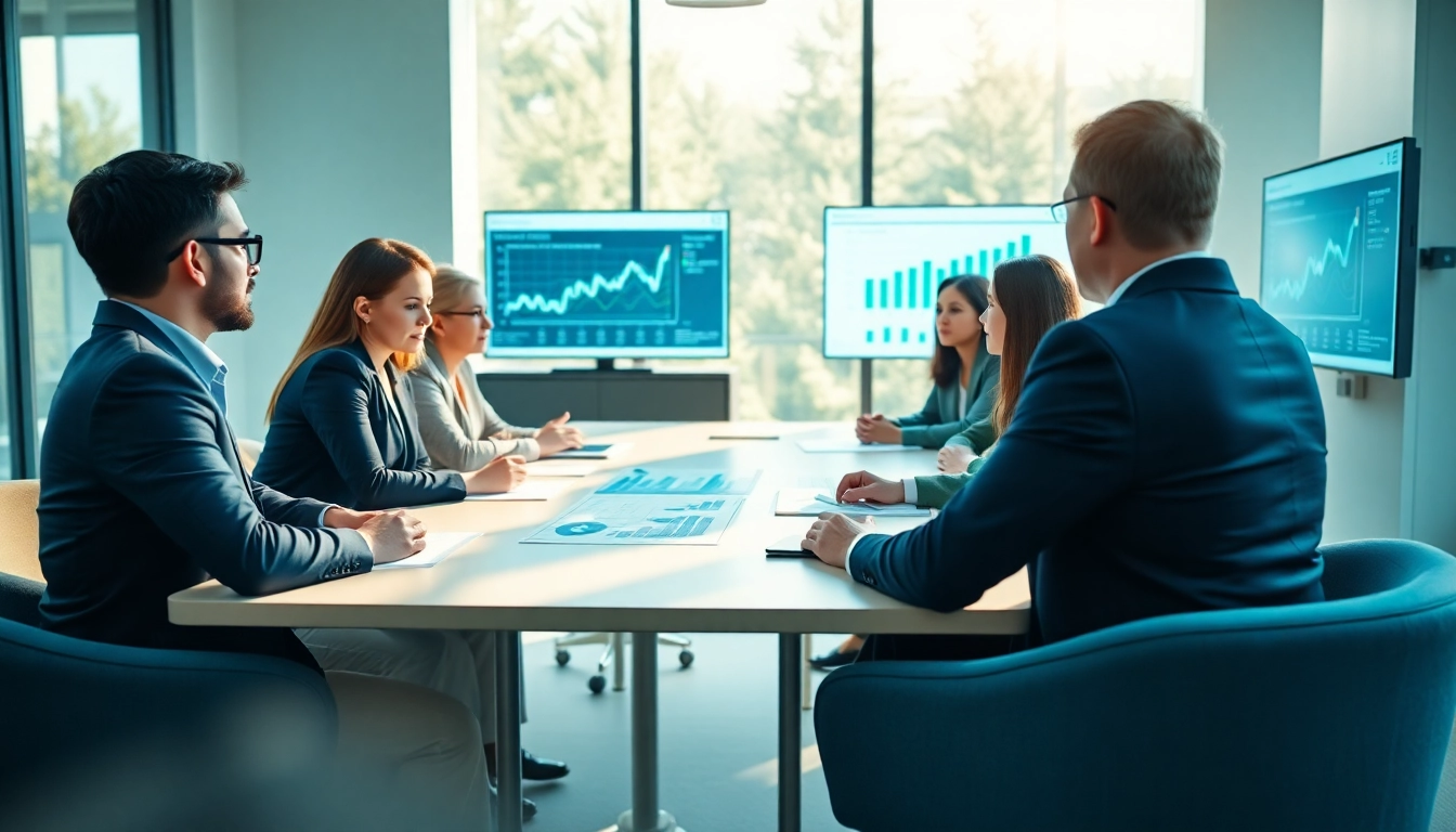 Engaged professionals conducting a Bid-No-Bid Analysis discussion in a bright conference room.