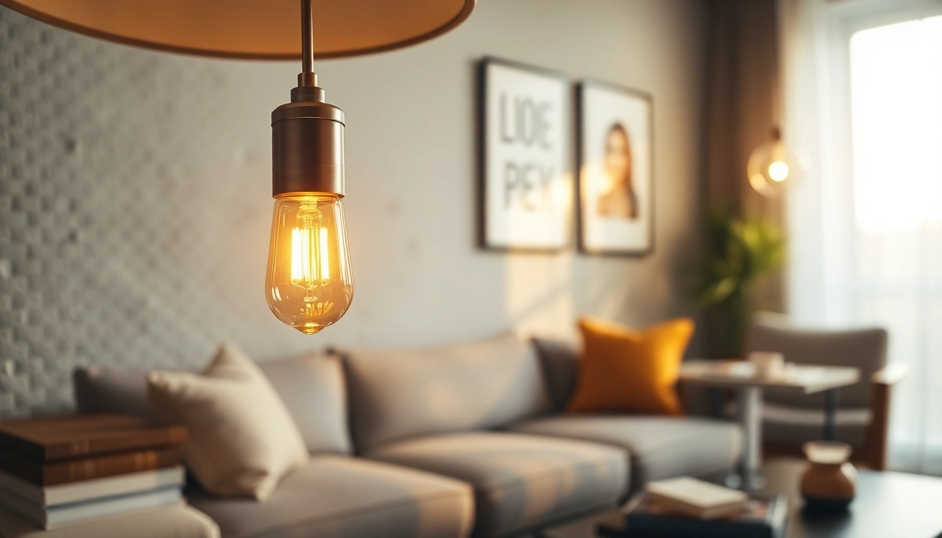 Illuminate your space with a g16 bulb glowing warmly in a modern living room setting.
