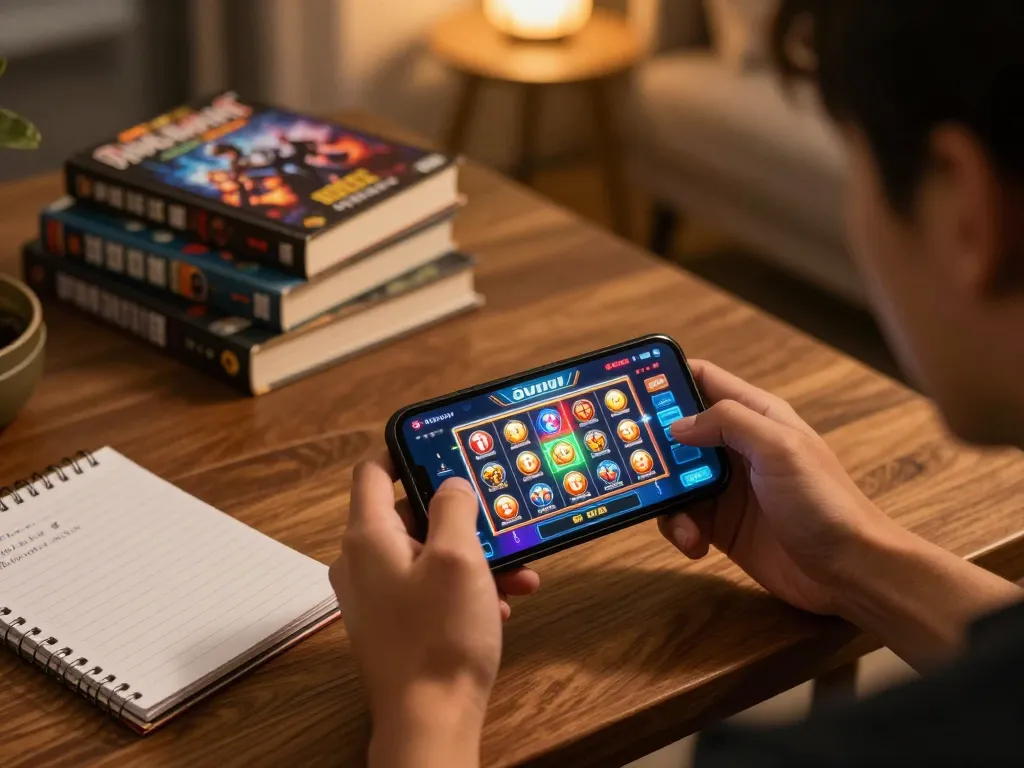 Player engaging with สล็อตวอเลท mobile app, showcasing vibrant graphics in a cozy home setting.