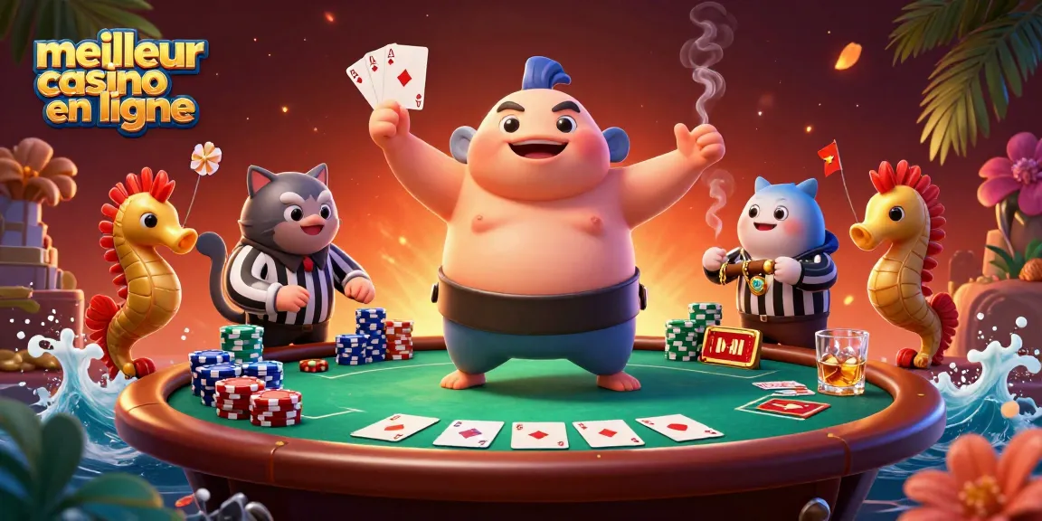 Image représentant le meilleur casino en ligne avec une illustration de jeu dynamique et des personnages animés.